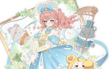 1girl :3 absurdres ahoge aqua_eyes argyle_clothes argyle_sleeves bare_shoulders blue_bonnet blue_bow blue_bowtie blue_dress blue_sleeves bonnet bow bowtie braid brown_eyes brown_hair bush choker classic_lolita closed_mouth cowboy_shot cross-laced_armwear crossed_arms crown_braid curly_hair detached_sleeves dot_nose dress drill_hair eyelashes floating_clothes floating_hair fortissimo frilled_arm_warmers frilled_choker frilled_dress frilled_headwear frilled_sleeves frills hair_bow hair_ornament harp heart-shaped_bonnet highres infinity_nikki instrument light_blush light_particles lolita_fashion long_dress long_hair looking_at_viewer mirror momo_(nikki) multiple_hat_bows musical_note musical_note_hair_ornament nikki_(nikki) nikki_(series) official_alternate_costume outline puffy_short_sleeves puffy_sleeves short_sleeves smile standing strapless strapless_dress stuffed_animal stuffed_toy teddy_bear thumbs_up timeless_melody_(infinity_nikki) whiskers white_arm_warmers white_background white_bow white_choker white_outline xinjinjumin388925569805 yellow_cloak