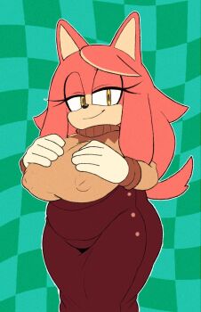 animal_ears animal_nose belly blush body_fur breast_suppress breasts brown_skirt champchidi closed_mouth conductor&#039;s_wife_(sonic) covered_erect_nipples dress female_focus fur furry furry_female gloves half-closed_eyes hands_on_own_chest hands_up happy hedgehog highres large_breasts long_hair long_skirt long_sleeves looking_at_viewer makeup nipples pink_fur pink_hair plump sega sidelocks sideways_mouth skirt smile solo sonic_(series) split_mouth standing sweater tail the_murder_of_sonic_the_hedgehog thick_thighs thighs turtleneck turtleneck_sweater white_gloves wide_hips wolf_ears wolf_girl yellow_eyes