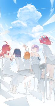 5girls alternate_costume bare_shoulders barefoot blue_eyes brown_hair butterfly_hair_ornament chair cloud cloud_focus cloudy_sky collarbone commentary_request contrail cumulonimbus_cloud day desk dress eyewear_hang from_behind full_body go-toubun_no_hanayome hair_ornament hair_ribbon hand_up headphones headphones_around_neck highres kneeling long_hair medium_hair mi8pq multiple_girls nakano_ichika nakano_itsuki nakano_miku nakano_nino nakano_yotsuba off_shoulder on_desk on_table orange_hair pants paper pink_hair quintuplets red_hair ribbon school_chair school_desk shirt short_hair shorts siblings sisters sitting sky star_(symbol) star_hair_ornament table unworn_eyewear white_dress white_pants white_ribbon white_shirt white_shorts