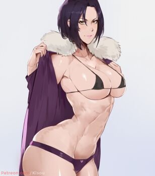 1girl artist_name bikini bikini_top_only blush breasts cape cleavage collarbone female_focus fur_trim grey_background kisou_(kisou00) large_breasts looking_at_viewer lowleg lowleg_shorts merlin_(nanatsu_no_taizai) micro_shorts nanatsu_no_taizai navel patreon_username purple_hair short_hair shorts sideboob skindentation smile solo stomach swimsuit thick_thighs thighs underboob watermark web_address yellow_eyes