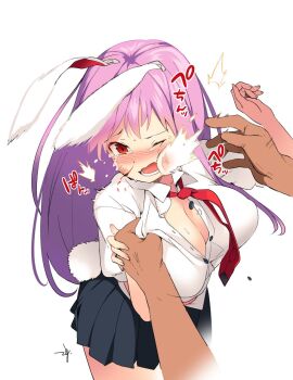 1boy 1girl abuse animal_ears bad_id bad_twitter_id black_skirt blonde_hair blush breasts cleavage commentary_request crying crying_with_eyes_open hitting large_breasts long_hair miniskirt necktie one_eye_closed pleated_skirt purple_hair rabbit_ears rabbit_girl rabbit_tail red_eyes red_necktie reisen_udongein_inaba ryona saryuu_(iriomote) shirt simple_background sketch skirt slapping solo_focus tail tears touhou white_background white_shirt