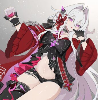 1girl alcohol black_bow black_bowtie black_gloves black_shorts black_thighhighs bow bowtie commentary_request cup drinking_glass gloves hair_intakes highres holding holding_cup honkai_(series) honkai_impact_3rd kuromu_shado long_hair micro_shorts midriff navel purple_eyes red_shirt red_wine shirt shorts single_thighhigh solo thelema_nutriscu thelema_nutriscu_(mad_pleasure:_shadowbringer) thighhighs thighs tongue tongue_out very_long_hair white_hair wine wine_glass