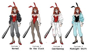 1girl animal_ear_hairband animal_ears bare_arms bare_shoulders black_bow black_bowtie black_hairband black_jacket black_leotard black_shoes blood blood_on_clothes bloody_weapon blue_jacket blue_pants bow bowtie breasts brown_hair cleavage commentary english_commentary english_text fake_animal_ears fishnet_pantyhose fishnets frown full_body glasses grey_pants hairband high_heels highleg highleg_leotard highres jacket leotard long_hair long_sleeves looking_at_viewer medium_breasts mole mole_on_breast multiple_views open_clothes open_jacket pants pantyhose playboy_bunny polka_dot_pants rabbit_ears red_bow red_bowtie red_leotard red_shoes rumble_after_dark shoes simple_background single_bare_shoulder single_off_shoulder spicymancer standing strapless strapless_leotard variations weapon white_background white_jacket white_pants wrist_cuffs
