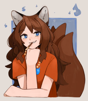 1girl absurdres animal_ears bead_necklace beads blue_eyes brown_hair commentary dated english_commentary fang food food_in_mouth fox_ears fox_girl fox_tail head_rest highres jewelry kart_prowler kit_(kart_prowler) long_hair multiple_tails necklace orange_shirt original pocky pocky_day pocky_in_mouth shirt short_sleeves smile solo t-shirt tail teeth will-o&#039;-the-wisp_(mythology)