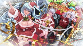 3girls absurdres admi_(nikke) antlers black_boots black_bra blue_hair blue_streaks boots bra breasts capelet cleavage cleavage_cutout clothing_cutout commentary_request dress fake_antlers fur-trimmed_capelet fur-trimmed_dress fur_trim goddess_of_victory:_nikke green_skirt hat highres horns hyaruri long_hair looking_at_viewer medium_hair multiple_girls privaty_(nikke) red_capelet red_dress red_hat red_shirt reindeer_antlers santa_costume santa_dress santa_hat shirt skirt thigh_boots thighhighs twintails underwear very_long_hair yulha_(nikke) zettai_ryouiki