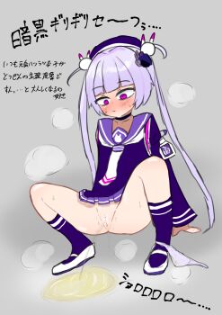 1girl animal_hair_ornament animal_print arm_support armband beret blush bombergirl censored choker collarbone dark_(bombergirl) flat_chest grey_background hair_bobbles hair_ornament hat kurosaki_(satisfaction773) loli long_hair long_sleeves looking_down neckerchief panties panties_around_one_ankle pee_stain peeing pink_eyes print_shirt puddle puff_of_air purple_hair purple_hat purple_panties purple_shirt purple_skirt purple_socks pussy rabbit_hair_ornament rabbit_print school_uniform serafuku shirt shoes skirt socks spread_legs squatting stained_panties steam sweat twintails underwear uwabaki white_neckerchief white_shoes