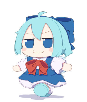 Rule 34 | 1girl, absurdres, ahoge, blue bow, blue dress, blue eyes, blue hair, blue shoes, blush stickers, bow, bowtie, cirno, closed mouth, collared shirt, commentary request, dress, full body, fumo (doll), hair bow, highres, ice, ice wings, kame (kamepan44231), pinafore dress, red bow, red bowtie, shirt, shoes, short hair, short sleeves, sleeveless, sleeveless dress, smile, solo, touhou, walking, white shirt, wings