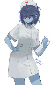 Rule 34 | 1girl, 5x5fo, alternate costume, blue hair, blue skin, breasts, clipboard, colored skin, cowboy shot, deltarune, dress, faceless, genderswap, genderswap (otf), hair between eyes, hand on own hip, hat, heart, heart print, highres, holding, holding clipboard, kris (dark world) (deltarune), kris (deltarune), looking at viewer, nurse, nurse cap, red eyes, shaded face, signature, simple background, small breasts, solo, standing, twitter username, utdr (toby fox), white background, white dress