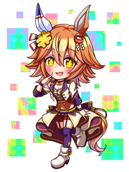 +_+ 1girl animal_ears blush bodice boots breasts chibi chibi_only choker cleavage clover_hair_ornament collarbone commentary_request corset cropped_jacket daruma_doll daruma_doll_hair_ornament ear_covers flipped_hair four-leaf_clover_hair_ornament full_body garter_straps hair_between_eyes hair_ornament highres horse_ears horse_girl horse_tail jacket long_sleeves looking_at_viewer matikanefukukitaru_(umamusume) medium_breasts midriff_peek navel open_mouth orange_hair overskirt pendant_choker purple_choker purple_garter_straps purple_thighhighs red_corset red_shorts shirt short_hair shorts single_ear_cover smile solo standing standing_on_one_leg star_(symbol) starting_future_(umamusume) sugimotty_nova tail thighhighs umamusume umapyoi_densetsu white_boots white_jacket white_shirt wristband