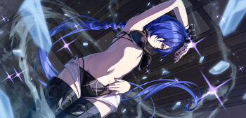 1girl arm_up armpits black_shorts black_thighhighs blue_hair fingernails highres ice long_hair looking_at_viewer nail_polish navel ponytail promeia_(zenless_zone_zero) purple_nails shorts solo stomach thighhighs yanagino_(yanagino3) zenless_zone_zero