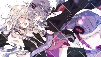 ahoge bare_shoulders black_jacket black_shirt blush braid choker commentary_request detached_sleeves dress hair_between_eyes highres ia_(vocaloid) jacket jacket_on_shoulders long_hair long_sleeves medium_hair one_eye_closed purple_dress purple_hair purple_skirt shirt skirt sotsunaku thighhighs twin_braids vocaloid voiceroid white_hair yuzuki_yukari