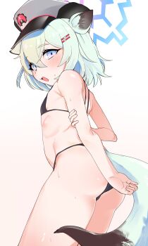 1girl absurdres alternate_breast_size_(smaller) animal_ears ass bikini black_bikini blue_archive blush flat_chest hair_ornament hairclip halo hat highres loli open_mouth rinki_(rink2) shigure_(blue_archive) simple_background solo swimsuit tail weasel_ears weasel_tail white_background
