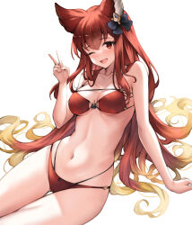 Rule 34 | 1girl, ;d, animal ears, anthuria, bikini, black ribbon, breasts, commentary request, erune, granblue fantasy, highres, koretsuki azuma, looking at viewer, medium breasts, navel, one eye closed, open mouth, red bikini, red eyes, red hair, ribbon, simple background, smile, solo, swimsuit, v, white background