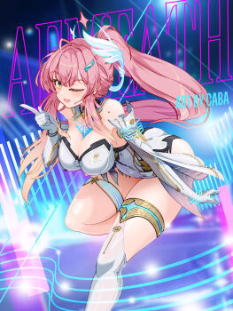 Rule 34 | 1girl, aemeath (wuthering waves), ahoge, bare shoulders, breasts, carlos cabs, character name, cleavage, commentary, elbow gloves, english commentary, gloves, hair ornament, hand up, highres, index finger raised, large breasts, leaning forward, leotard, long hair, looking at viewer, mole, mole on shoulder, one eye closed, open mouth, orange eyes, pink hair, ponytail, smile, solo, star-shaped pupils, star (symbol), strapless, strapless leotard, symbol-shaped pupils, tacet mark (wuthering waves), thighs, white gloves, white leotard, wuthering waves