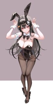1girl absurdres animal_ear_hairband animal_ears armband black_bow black_bowtie black_hair black_leotard black_pantyhose bow bowtie breasts carrot_hair_ornament cleavage commentary_request detached_collar fake_animal_ears food-themed_hair_ornament full_body grey_background hair_ornament hairband hairclip hameln_11 highres large_breasts leotard long_hair original pantyhose playboy_bunny rabbit_ears rabbit_hair_ornament rabbit_pose red_eyes side-tie_leotard simple_background solo strapless strapless_leotard thighband_pantyhose wrist_cuffs