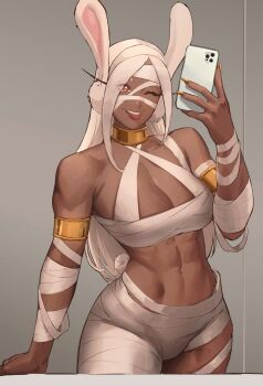 1girl ;p abs animal_ears armlet bandaged_arm bandaged_chest bandaged_head bandaged_leg bandaged_torso bandaged_wrist bandages bare_shoulders boku_no_hero_academia breasts cellphone cleavage commentary criss-cross_halter dark-skinned_female dark_skin english_commentary gold_armlet gold_choker gold_nails halloween_costume halterneck highres holding holding_phone large_breasts long_eyelashes long_hair mirko mummy_costume nail_polish navel one_eye_closed parted_bangs phone rabbit_ears rabbit_girl rabbit_tail red_eyes selfie smartphone smile solo stomach tail teeth thighs toned toned_female tongue tongue_out upper_teeth_only very_long_hair white_hair zukululuu