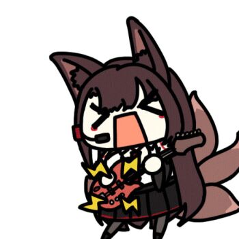 >_< 1girl animal_ears animated animated_gif electric_guitar guitar headset instrument lowres multiple_tails open_mouth seseren tail