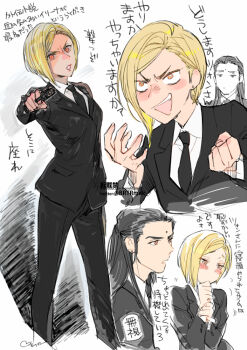 1boy 1girl asymmetrical_hair bindi black_hair black_jacket black_necktie black_pants black_suit blonde_hair blush breasts brown_eyes clenched_hand collared_shirt cowboy_shot elena_(ff7) fang final_fantasy final_fantasy_vii formal_clothes gun hair_pulled_back handgun holding holding_gun holding_weapon jacket long_hair medium_breasts multiple_views necktie open_mouth pants red_eyes shirt short_hair sideburns sketch suit suit_jacket toujou_sakana tseng upper_body weapon white_shirt