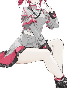 Rule 34 | 1girl, black boots, boots, breasts, chest harness, collared shirt, drill hair, frilled skirt, frills, grey shirt, grey skirt, hand between thighs, hand up, harness, highres, kasane teto, kasane teto (sv), layered shirt, long sleeves, parted lips, red hair, red skirt, shirt, short hair, sitting, skirt, small breasts, smile, solo, synthesizer v, thighs, twin drills, two-tone skirt, ummwa