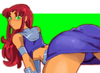 1girl alien armband ass bent_over blush bracer breasts cartoon_network colored_sclera colored_skin dc_comics from_behind green_background green_eyes green_sclera long_hair looking_at_viewer looking_back medium_breasts midriff onnaski orange_skin panties parted_lips purple_panties purple_shirt purple_skirt red_hair shirt sidelocks skirt sleeveless sleeveless_shirt standing starfire superhero_costume teen_titans teeth underwear
