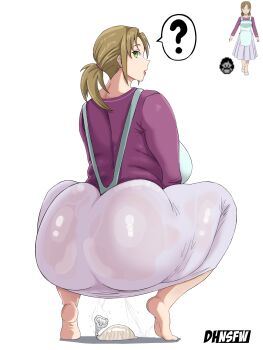 Rule 34 | 1girl, apron, ass, breasts, condom, danhnsfw, from behind, full body, highres, huge ass, kanto mother (rgby/frlg), large breasts, mature female, mother (pokemon), nintendo, pokemon, pokemon origins, pokemon rgby, simple background, tagme, used condom, white background