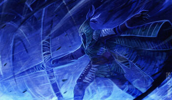 Rule 34 | 1boy, absurdres, archery, artist name, blue theme, bow (weapon), cape, commentary, elden ring, elden ring nightreign, english commentary, glowing, glowing eye, highres, holding, holding bow (weapon), holding weapon, inktober, ironeye (elden ring), male focus, solo, standing, temmaru1, weapon