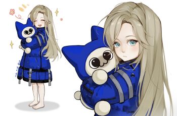 1girl :d aqua_eyes artist_name barefoot blonde_hair blue_coat chinese_commentary closed_eyes closed_mouth coat commentary_request diana_(pragmata) from_side full_body highres holding holding_stuffed_toy hugging_object long_hair long_sleeves looking_at_viewer maoning12958 monster_hunter_(series) multiple_views open_mouth padded_coat player_palico pragmata puffy_coat puffy_long_sleeves puffy_sleeves simple_background smile sparkle standing stuffed_animal stuffed_toy teeth turning_head upper_teeth_only very_long_hair white_background