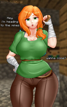 1girl absurdres alex_(minecraft) artist_name bandaged_arm bandages breasts brown_pants commentary english_commentary english_text game_screenshot_background green_eyes green_shirt highres holding holding_pickaxe indoors long_hair looking_at_viewer minecraft minecraft_pickaxe morbitensfw open_mouth orange_hair pants pickaxe screenshot_background shirt short_sleeves solo