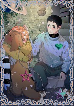 1boy 1girl black_hair blush chocolat_meilleure closed_mouth dog falling_petals hashtag-only_commentary heart highres hiroshi_(sugar_sugar_rune) holding holding_leash leash long_hair looking_at_another magicalotaku312 mikado_akira_(sugar_sugar_rune) orange_hair petals school_uniform short_hair sitting striped_clothes striped_thighhighs sugar_sugar_rune sweater tears thighhighs turtleneck