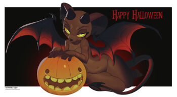 1girl black_skin breasts collarbone colored_sclera colored_skin commentary completely_nude dark_skin demon_girl demon_tail demon_wings english_commentary furry furry_female happy_halloween highres horns looking_at_viewer medium_breasts mouse_girl navel nude orange_sclera original pumpkin red_skin smile solo syrvya tail wings yellow_eyes
