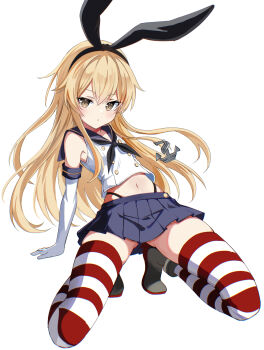 Rule 34 | 1girl, anchor hair ornament, black hairband, black panties, blonde hair, blue sailor collar, blue skirt, commentary, crop top, elbow gloves, fathom, gloves, hair ornament, hairband, highleg, highleg panties, highres, kantai collection, long hair, neckerchief, panties, pleated skirt, sailor collar, shimakaze (kancolle), simple background, skirt, solo, striped clothes, striped thighhighs, thighhighs, underwear, white background, white gloves