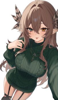 1girl ahoge black_thighhighs breasts brown_hair cable_knit commentary commission dress english_commentary feather_hair_ornament feathers garter_straps green_sweater grey_eyes hair_between_eyes hair_ornament hand_up heterochromia highres indie_virtual_youtuber jewelry kumi_(vtuber) large_breasts long_hair long_sleeves looking_at_viewer mugripley necklace pointy_ears ribbed_sweater scar scar_across_eye scar_on_face selfie simple_background solo sweater sweater_dress thighhighs thighs tongue tongue_out very_long_hair virtual_youtuber white_background yellow_eyes