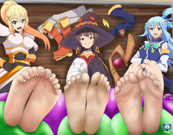 3girls aqua_(konosuba) blonde_hair blue_eyes blue_hair breasts brown_hair collar darkness_(konosuba) feet foot_focus hat jetga kono_subarashii_sekai_ni_shukufuku_wo! large_breasts long_hair megumin multiple_girls red_eyes short_hair smile witch_hat