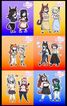 6+girls amputee animal_ears armless_amputee black_bow black_hair black_pants black_skirt blonde_hair blue_jacket blue_skirt blush bow braid braided_ponytail breasts brown_dress brown_hair commentary cosplay costume_switch crop_top crossover double_amputee dress drill_hair glasses gold_ship_(casual)_(umamusume) gold_ship_(umamusume) green_shirt hair_over_one_eye hakamichi_shizune hat highres horse_ears horse_girl horse_tail ibarazaki_emi ikezawa_hanako jacket katawa_shoujo laughing legless_amputee long_hair low_ponytail manhattan_cafe_(casual)_(umamusume) manhattan_cafe_(umamusume) mayano_top_gun_(casual)_(umamusume) mayano_top_gun_(umamusume) medium_breasts mikado_shiina multicolored_hair multiple_girls newsboy_cap open_mouth overalls pants pink_hair pink_sweater ponytail prosthesis purple_hair red_hair red_jacket rice_shower_(casual)_(umamusume) rice_shower_(umamusume) satou_lilly shirt shorts skirt sleeve_tied_shut small_breasts smile spoken_symbol super_creek_(casual)_(umamusume) super_creek_(umamusume) sweater symboli_rudolf_(casual)_(umamusume) symboli_rudolf_(umamusume) tail tezuka_rin toka=paint trait_connection twin_drills twintails umamusume very_long_hair white_bow white_hair white_shirt yellow_dress yellow_skirt