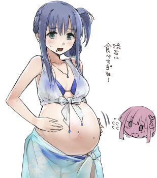 aimitsu_(ibityuttyu) big_belly bikini bloated blue_bikini blue_hair bow collarbone full_stomach hands_on_own_stomach highres jewelry looking_at_viewer magia_record:_mahou_shoujo_madoka_magica_gaiden mahou_shoujo_madoka_magica nanami_yachiyo navel necklace overeating sweatdrop swimsuit tamaki_iroha white_bow