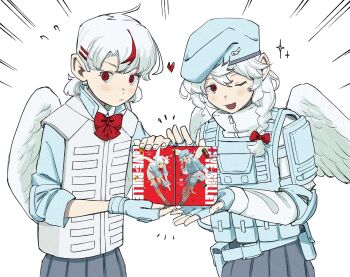 2girls blue_gloves blue_shirt bow bowtie braid bulletproof_vest cupid feathered_wings fingerless_gloves gloves grey_skirt hair_ornament hairclip highres ineesan kanna_(love-bullet) koharu_(love-bullet) long_hair looking_at_viewer love-bullet medium_hair multicolored_hair multiple_girls official_art one_eye_closed pig pleated_skirt red_bow red_bowtie red_eyes red_hair shirt simple_background single_braid skirt streaked_hair sweatdrop white_background white_hair white_shirt wings