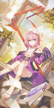 1girl blue_eyes breasts chromatic_aberration closed_mouth coat commentary cyrene_(aedes_elysiae)_(honkai:_star_rail) cyrene_(honkai:_star_rail) diamond-shaped_pupils diamond_(shape) dress foot_out_of_frame gleam_lin_shi hair_ornament highres honkai:_star_rail honkai_(series) long_sleeves looking_at_viewer medium_hair picture_frame pink_hair pink_pupils purple_coat sandals sitting small_breasts smile solo symbol-shaped_pupils toes white_dress