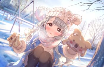 1girl beanie bench footprints fur_trim game_cg grey_eyes grey_hair hand_puppet hat hisakawa_nagi idolmaster idolmaster_cinderella_girls idolmaster_cinderella_girls_starlight_stage ladder lamppost mittens official_art open_mouth pantyhose puppet railing scarf slide snow snowing snowman solo squatting swing tree