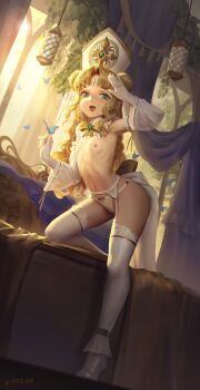 1girl :d bed blonde_hair blue_butterfly boots breasts bug butterfly butterfly_on_hand curly_hair curtains dated_commentary detached_sleeves double_bun dutch_angle facial_mark forehead_mark garter_belt garter_straps gloves green_eyes hair_bun hand_up hat high_heel_boots high_heels highres indoors insect leaning_forward long_hair long_sleeves looking_at_viewer mitre navel nipples on_bed on_one_knee open_mouth original panties parted_bangs petite ribs sarena signature small_breasts smile solo topless_female underwear white_gloves white_hat white_legwear white_panties wide_sleeves