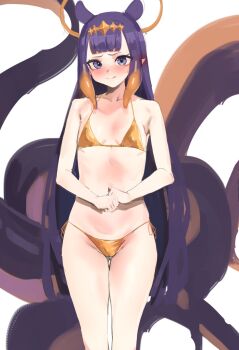 1girl bikini blue_eyes blunt_bangs blush breasts closed_mouth diamond_hairband gold_bikini hairband halo highres hololive hololive_english long_hair looking_at_viewer multicolored_hair navel ninomae_ina&#039;nis orange_hair orange_hairband orange_halo pointy_ears purple_hair side-tie_bikini_bottom sidelocks simple_background small_breasts solo swimsuit tentacle_hair tentacles very_long_hair virtual_youtuber white_background yotamono