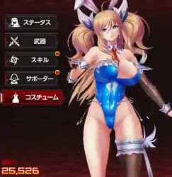 1girl 3d action_taimanin alternate_costume animal_ears animated ass ass_shake bare_shoulders blonde_hair blush bouncing_breasts breasts covered_navel curvy fake_animal_ears female_focus fingerless_gloves gloves hand_on_own_hip highleg highleg_leotard holding huge_breasts leotard lilith-soft long_hair looking_at_viewer lowres nail_polish nipples official_alternate_costume onizaki_kirara playboy_bunny rabbit_ears screencap shiny_skin standing taimanin_(series) taimanin_rpgx thighs thong_leotard twintails upper_body very_long_hair video