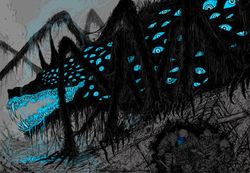 Rule 34 | 3others, absurdres, blue eyes, claws, eldritch abomination, extra arms, extra eyes, extra legs, fangs, giant, giant monster, greyscale, hessian, highres, limited palette, monochrome, monster, multiple others, original, partially colored, spaghetti-bastard, too many eyes, trench knife