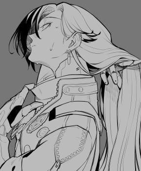 1boy absurdres arm_behind_head arm_up boothill_(honkai:_star_rail) collared_jacket cyborg from_side grey_background greyscale hand_in_own_hair highres honkai:_star_rail honkai_(series) hot jacket long_hair looking_ahead male_focus mole mole_under_eye monochrome mrsw0911 multicolored_hair multiple_moles popped_collar profile sheriff_badge solo sweat two-tone_hair unzipped upper_body very_long_hair zipper