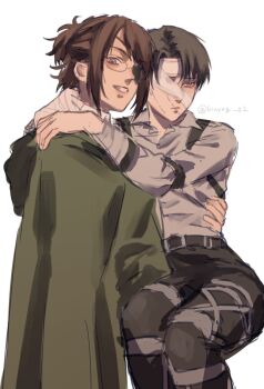 Rule 34 | 1boy, arms around neck, bandaged head, bandages, black hair, black pants, brown hair, carrying, cloak, collared shirt, commentary request, eyepatch, glasses, green cloak, grey eyes, grin, hange zoe, highres, levi (shingeki no kyojin), medium hair, pa hoi2, pants, parted bangs, ponytail, princess carry, shingeki no kyojin, shirt, short hair, smile, stitched face, stitches, teeth, twitter username, white background, white shirt