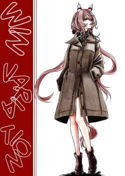 Rule 34 | 1girl, black boots, boots, character name, closed mouth, coat, commentary request, ear covers, grey coat, hair between eyes, hairband, hand in pocket, highres, long hair, red hair, red hairband, siro1822403, solo, umamusume, very long hair, win variation (umamusume)