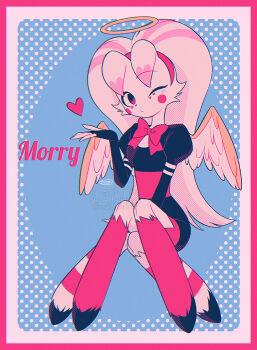 1girl absurdres black_dress black_eyes blue_background border bow bowtie character_name chromatic_aberration circle_facial_mark closed_mouth commentary_request dress extra_legs feathered_wings fewer_digits film_grain frilled_dress frills full_body furry furry_female hairband halftone halftone_background halo hand_up hazbin_hotel heart hellaverse highres hooves horns invisible_chair juliet_sleeves knees_together_feet_apart long_hair long_sleeves looking_at_viewer menma_(enaic31) molly_(hazbin_hotel) multicolored_eyes one_eye_closed outside_border pink_border pink_bow pink_bowtie pink_eyes pink_hairband puffy_sleeves short_dress signature simple_background sitting solo two-tone_eyes two-tone_wings typo very_long_hair watermark white_border white_fur white_wings wings yellow_halo yellow_wings