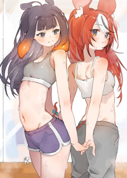 2girls absurdres animal_ears black_hair blue_eyes breasts chocosong closed_mouth commentary_request grey_pants hakos_baelz highres holding_hands hololive hololive_english long_hair midriff mouse_ears mouse_girl multicolored_hair multiple_girls navel ninomae_ina&#039;nis pants purple_shorts red_hair shorts small_breasts smile standing sweat tank_top thighs virtual_youtuber white_hair