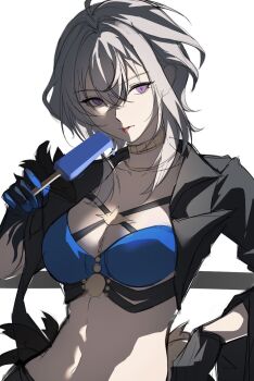 1girl :p black_gloves black_jacket blue_bra bra breasts cropped_jacket food galbrena_(wuthering_waves) gloves gold_choker grey_hair hair_between_eyes highres holding holding_food holding_popsicle i_a_n jacket medium_breasts popsicle purple_eyes simple_background single_glove solo stomach tongue tongue_out underwear upper_body white_background wuthering_waves