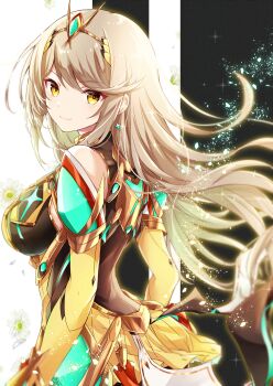 1girl alternate_color bare_shoulders black_bodysuit blonde_hair bodysuit breasts commentary_request dress earrings floating_hair highres jewelry long_hair looking_at_viewer medium_breasts mythra_(massive_melee)_(xenoblade) mythra_(xenoblade) nintendo official_alternate_color sleeveless sleeveless_dress solo super_smash_bros. swept_bangs tiara ui_frara very_long_hair xenoblade_chronicles_(series) xenoblade_chronicles_2 yellow_dress