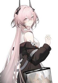 1girl arknights bag bare_shoulders black_horns black_jacket closed_mouth commentary crossed_bangs english_commentary gradient_hair grey_hair hair_between_eyes hand_up highres horns jacket light_blush long_sleeves multicolored_hair off_shoulder paszuto pink_eyes pink_hair simple_background smile solo theresa_(arknights) white_background